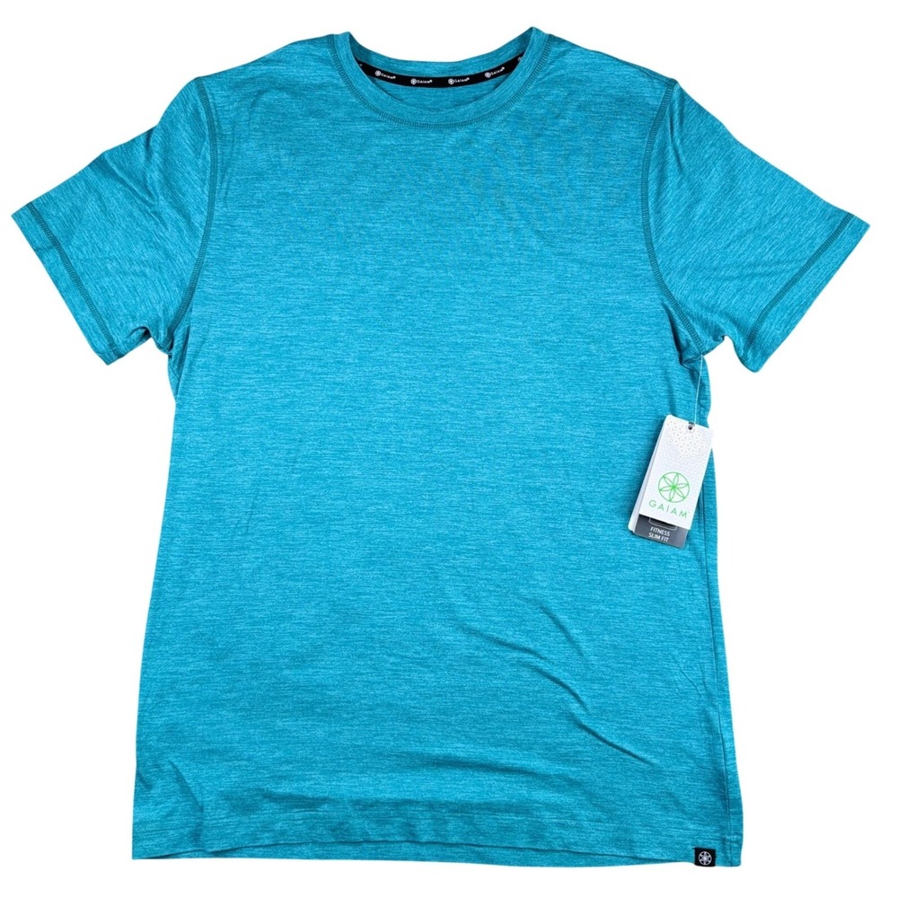 Gaiam T-Shirt Mens M Fitness Slim Fit Biscay Bay Heather Teal Crew Neck NWT